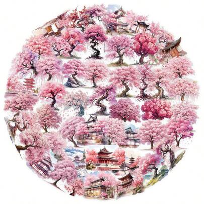 50pcs Watercolor Peach Tree Stickers, Creative Graffiti Stickers, Office Supplies, Mobile Phone And Computer Stickers, High-Value, Waterproof, Durable, Cool Stickers