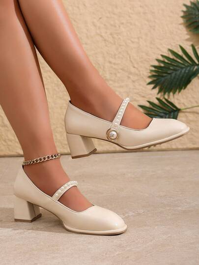 Giày cao gót Mary Jane mũi tròn, đế chunky, đính ngọc trai, kiểu dáng lãng mạn dành cho nữ, thích hợp cho đám cưới, tiệc tùng, công sở, hẹn hò, ngày Valentine, đa năng cho mọi mùa.