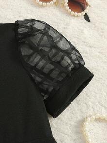 4-7岁女童连衣裙，薄纱泡泡袖珍珠装饰荷叶边V领连衣裙，适合家庭出游、生日派对、宴会、日常穿着 - 黑色 - 查看 6