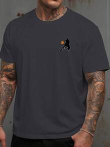 Men's Fashionable Casual Round Neck Short Sleeve T-Shirt, Basketball Slogan Graphic, Suitable For Boyfriend Gift, Street, Outdoor, Sports, Daily Commute, Versatile - 灰色 - 查看 2