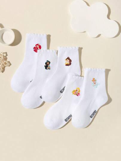  1 Pair Disney Princess Cartoon Pattern Children's Mid-Calf Socks, Soft & Skin-Friendly, Fashionable Lace Trim, Comfortable Breathable Sports Socks, Suitable For Birthday Party, Holiday Gift, School Activities, Stage Performance, Daily Wear