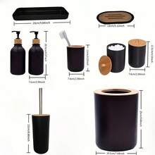 9pcs Premium Bathroom Accessory Set, Featuring Wooden Bathroom Hardware, Includes A Wash Brush, Toothbrush Holder, Plastic Toilet Brush, Cup, Soap Dish, And Trash Can - The Perfect Complete Luxury Bathroom Set, Including A Soap Box, Toothbrush Holder, Swab Jar, Etc. - Matte Black With Bamboo Texture, Made Of Durable Plastic. - Multicolor - View 5