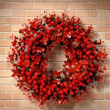 1 Stück roter Blumenkranz mit goldenen Tannenzapfen und Beeren - Ganzjährige Feiertags-Dekoration für Weihnachten, Neujahr, Valentinstag - Hochwertige künstliche Blätter für den Innen- und Außenbereich - Lebendiger Boho-Stil Hängedekoration, wetterfestes Material, perfekt für Haustür, Wand, Kaminsims, Partys und ganzjährige Heimdekoration - einfach aufzuhängen, wartungsfrei - Rot - Übersicht 9