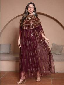 Váy kiểu Ả Rập rộng rãi màu đỏ rượu vang đính sequin. - Màu Đỏ Sâu - Xem 3