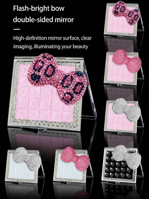 1个双面镶钻镜，新款日式奢华豹纹铆钉蝴蝶结设计，法式时尚手工糖块镶钻蝴蝶结图案公主风全钻格纹豹纹双折叠便携式化妆镜，闪耀你的美丽，适合商务旅行、外出游玩，小巧便携，可放置于家居客厅卧室，是送给朋友、家人、同学、女友、情人节、母亲节的理想礼物。