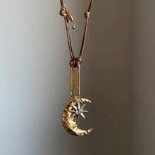 1件复古波西米亚风月亮星星吊坠PU皮链项链，适合女性日常佩戴、派对、音乐节等场合 - 毛衣链 - 棕色 - 查看 5