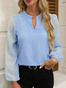 Áo kiểu nữ thời trang mới, đơn giản, cổ chữ V, chất liệu chiffon cao cấp phối ren, thích hợp cho công sở, đi làm, đi nghỉ mát, du lịch, đi biển, ngày Valentine, Halloween, Giáng sinh, quà tặng người lớn, hẹn hò đôi, đi chơi với bạn bè, áo mặc hàng ngày đa năng mùa xuân - Màu xanh nhạt - Xem 2