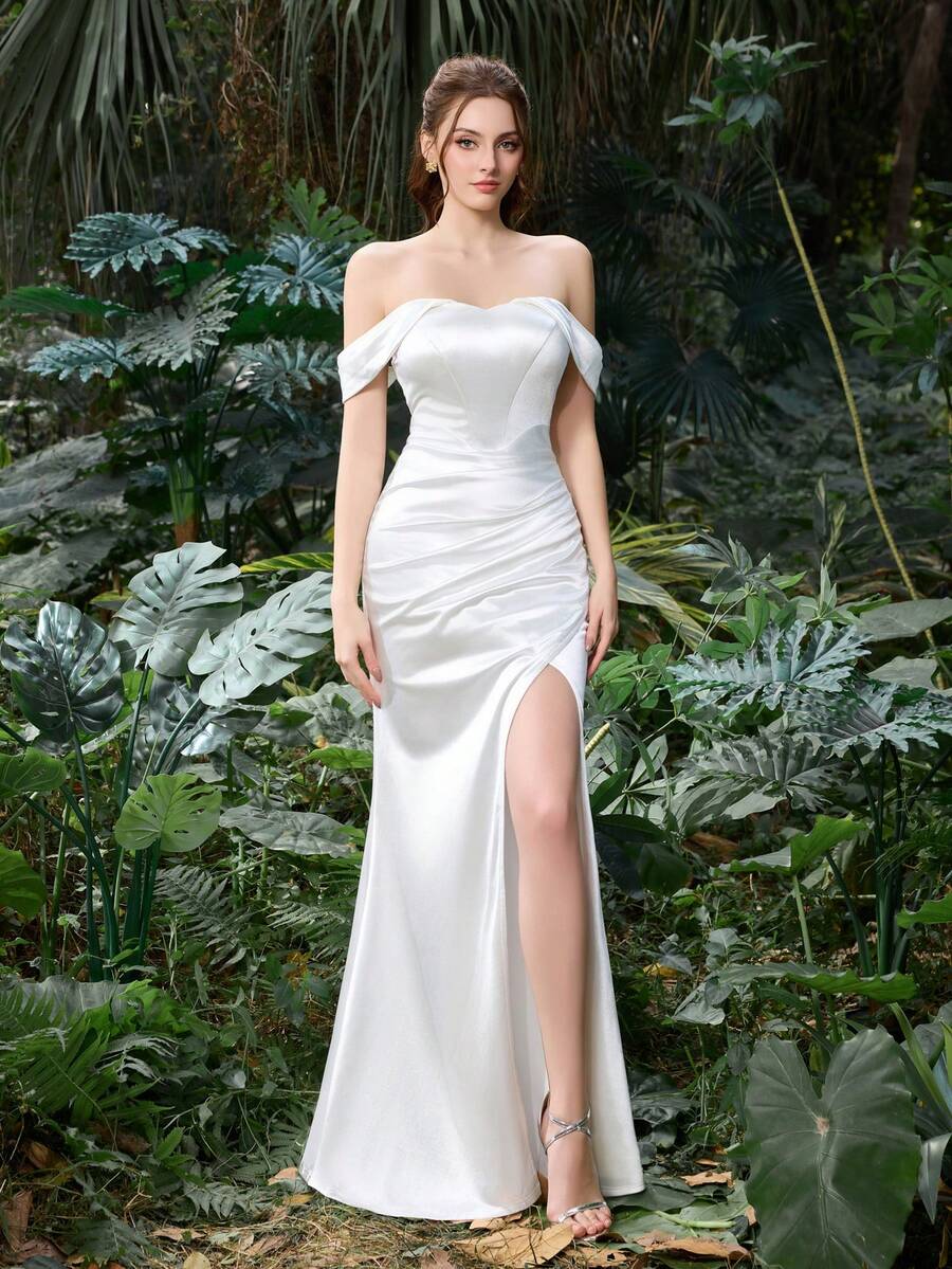 Faeriesty Đầm dạ hội đuôi cá bằng satin trắng thanh lịch, đầm maxi xếp ly tinh tế xẻ cao, thích hợp cho các bữa tiệc, đám cưới, dạ hội và các dịp trang trọng mùa xuân. - trắng - Xem 1
