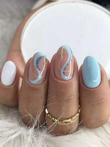 24pcs Oval Heart-Shaped French Manicure Nail Stickers Set, Perfect Fit For Acrylic Fake Nails, Includes 1pc Jelly Gel And 1pc Nail File, Suitable For Women And Girls For Daily Work, Study And Party Use - 彩色 - 查看 2