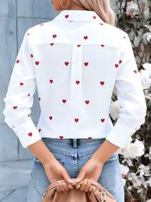 Women's Casual Versatile Elegant Single-Breasted Heart Print Shirt Top - White - View 2