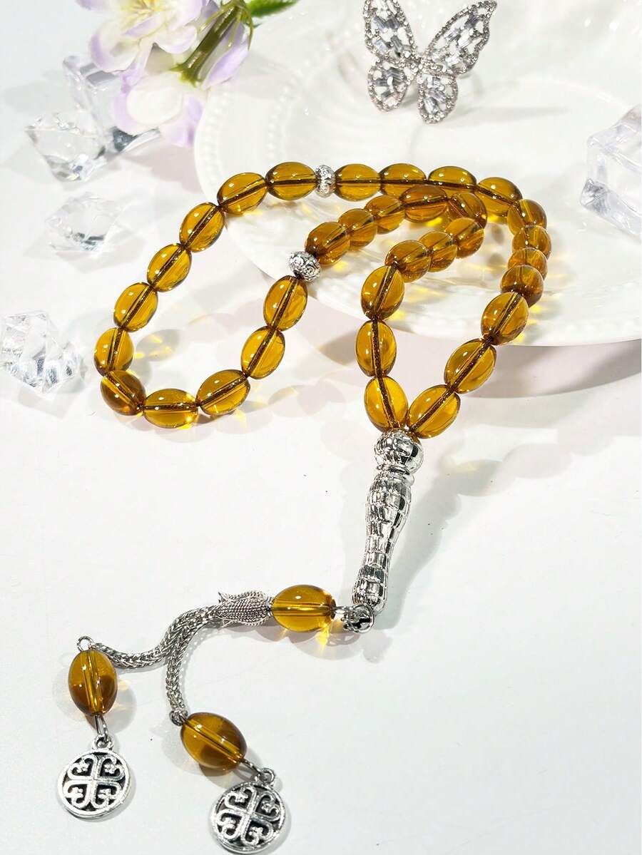 33pcs Silver Double Tassel Glass Beaded Rosary, Handmade Glass Beads - Multicolor - View 1