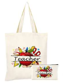 1件/2件/4件套，大容量教师主题帆布手提袋和便携式拉链铅笔盒收纳袋套装，附赠感谢卡和苹果钥匙扣帆布组合套装，返校季、毕业季、教师节必备礼物，多功能购物袋、书包、文具袋套装 - 米色 - 查看 31