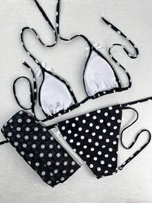 女士夏季泳装度假系列，黑白波点蕾丝蝴蝶结挂脖三角比基尼，侧边系带三角裤三件套，性感显瘦收腹，甜美少女风比基尼套装，时尚泳装，适合海滩度假和拍照 - 彩色 - 查看 3