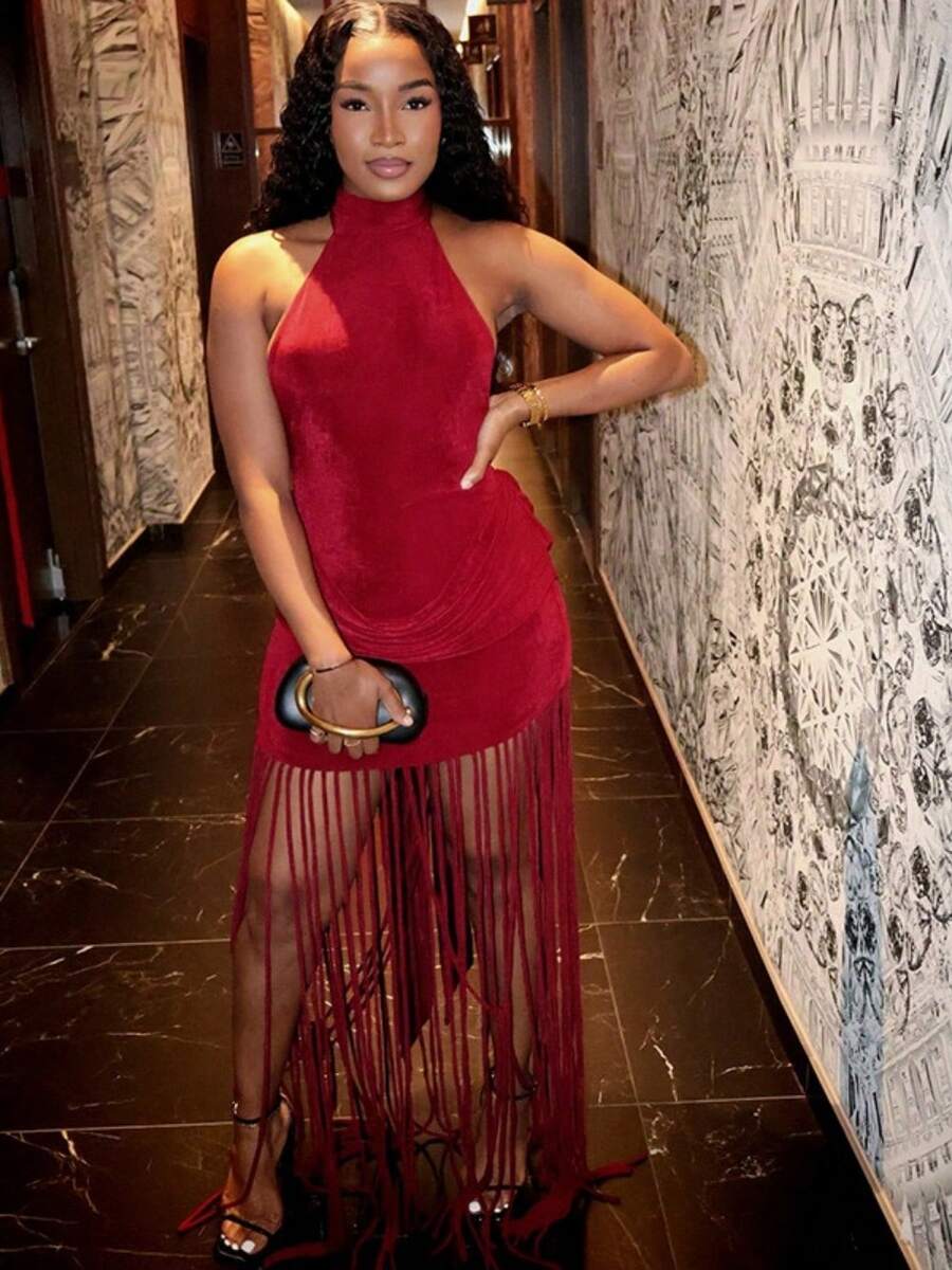 Women's Chic Sleeveless High Neck Fringe Dress With Ruched Detailing, Bodycon Flounce Hem, Perfect For Evening Parties - Đỏ - Xem 1