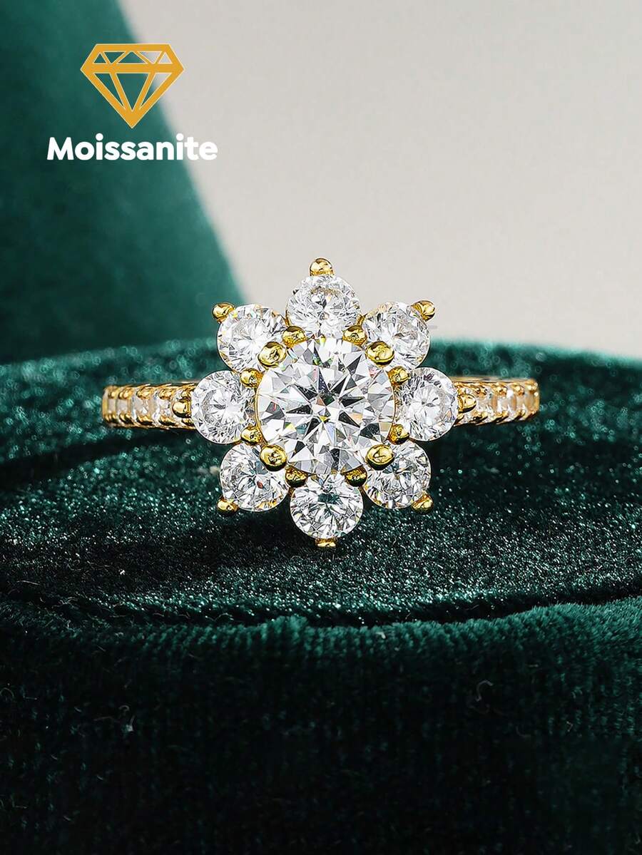 1pc 1ct Delicate Sunflower Moissanite Wedding Ring, S925 Sterling Silver Exquisite And Stylish Engagement Ring, Promise Ring, Anniversary Ring Women's Jewelry Gift, Valentine's Day Gift - Gold - View 1