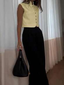Camiseta de tirantes de tela tejida de unicolor elegante para mujer, casual de verano en rojo - Amarillo claro - Ver 5