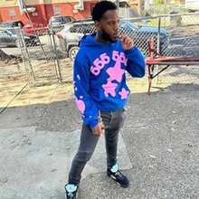 Spider Web Fashion Hip-Hop Printed Flower Hoodie, European And American Brand Large-Sized Loose Men's And Women's Hooded Sweatshirt Set - 藍色 - 查看 8