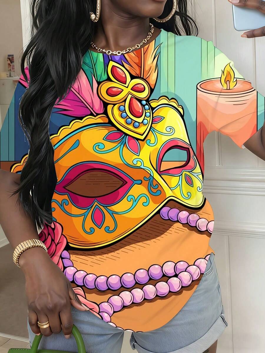 Carnival Party 3D Print Colorful Mask And Beads Design Women's Plus Size Casual Short Sleeve Round Neck T-Shirt For Festival Celebration,Holiday-Style Patterns,Women's Tops - 黑色 - 查看 1