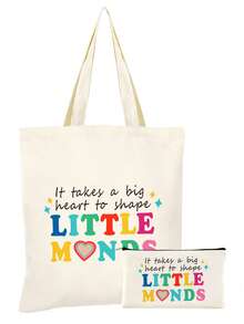 10/5/4/2pcs/1pc/Set Teacher Themed Canvas Tote Bag, Shopping Bag, Zipper Pouch, Appreciation Card, Apple Keychain Canvas Gift Set, Suitable For Back To School, Graduation, Teacher's Day, Multi-Purpose Shopping Bag, Book Bag, Stationery Pouch Set, Portable For SPA, Party, Gym, Travel, Cosmetic Organizer - Beige - View 53