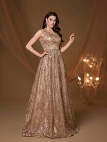 女士优雅亮片网纱拼接单肩长裙，适合晚宴、婚礼、派对、婚礼宾客等场合 - 香檳色 - 查看 5