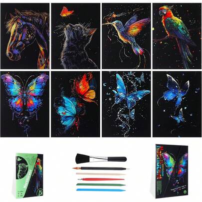 Gersoniel 8 Pack Glow In The Dark Scratch Art For Adult Rainbow Painting Paper Sheet With Pen/Cleaning Brush Noctilucent Engraving Scratchboard For Adults Gift Craft For Gift, Stress Relief