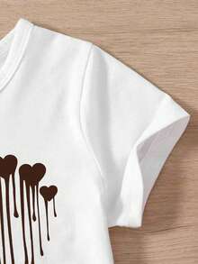 Tween Girl Heart Print Crew Neck Short Sleeve Casual T-Shirt And Shorts Set - White - View 5