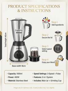 SOKANY 03012 1.5L Multifunctional Cooking Machine 2-In-1 Glass Countertop Juicer, 3 Adjustable Speed Controls, Suitable For Making Frozen Juice, Milkshake, Smoothie And Sauce, Silver