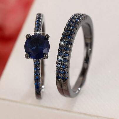 女士两件套铜戒指，优雅复古新娘叠戴戒指，镶嵌闪亮锆石，日常/婚礼首饰，情人节礼物