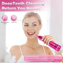 hilo dental eléctrico de agua recargable, irrigador oral, 3 modos, 5 puntas, para dientes, encías y aparatos ortopédicos, cuidado dental familiar, tanque de 300 ml, IPX7 impermeable - Rojo Rosado - Ver 2