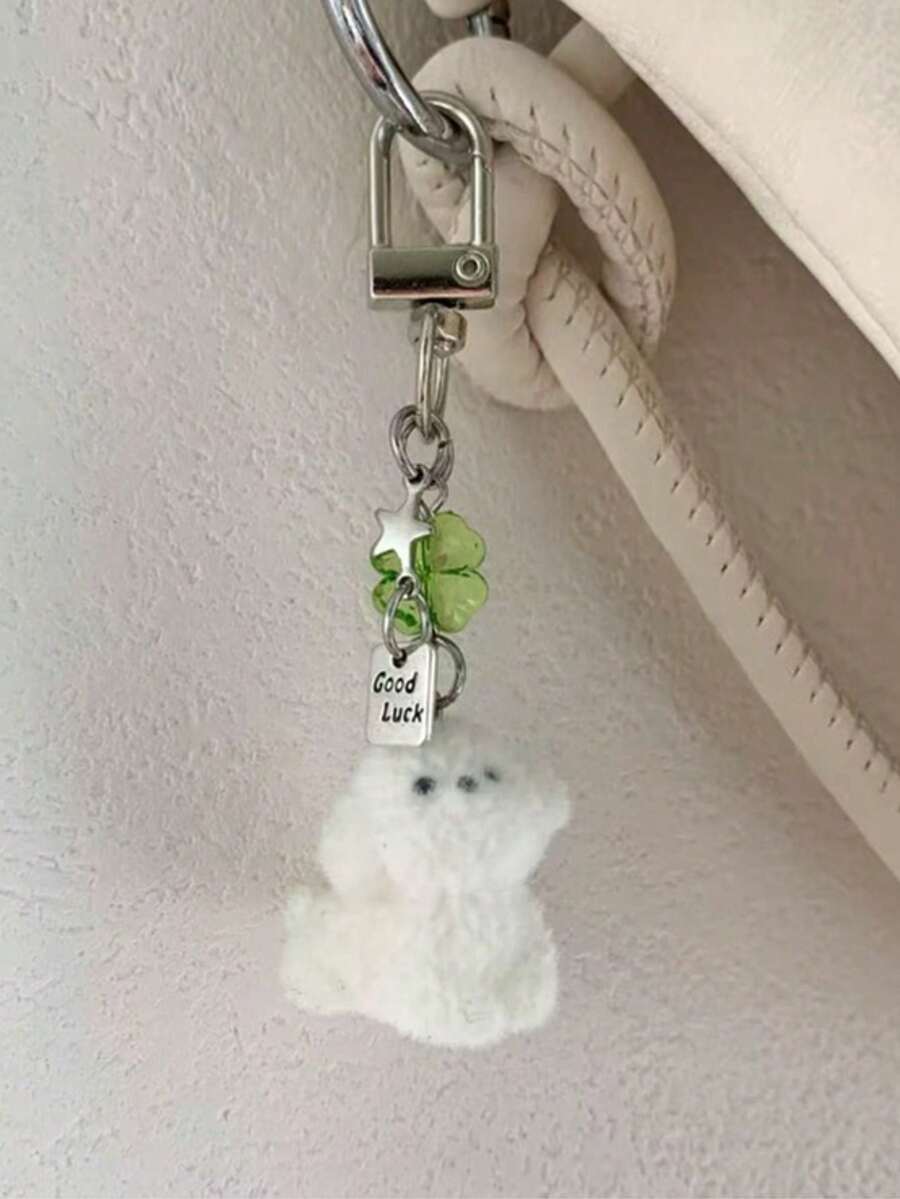 1个男女通用新款可爱植绒小狗吊坠钥匙扣，幸运草和星星挂件手机挂绳 - 彩色 - 查看 1