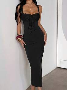 WOWDARK Women Elegant Slim-Fit Lace Splice Slim Slit Camisole Dress, Strap Package-Up Dress, Festival, Party, Evening Gown - màu đen - Xem 6