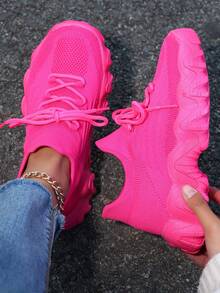 Platform Sneakers For Women Extra Wide Fit, Neon Pink Chunky Sole, Breathable Knit With Free Anklet - Màu Hồng Tươi - Xem 2