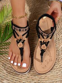 女士时尚波西米亚风凉鞋，休闲百搭，适合度假、派对、海滩，厚底人字拖 - 黑色 - 查看 3