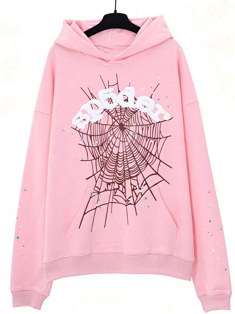 Spider Web Print Hoodie Men's Gothic Punk Long-Sleeve Sweatshirt Set Street Style Fall Casual Hip-Hop Oversized Pullover - 粉色 - 查看 1