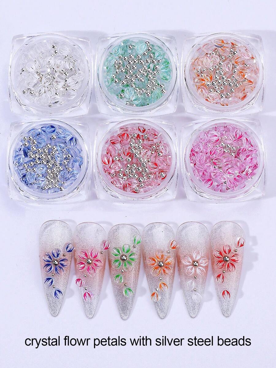 6 Boxes 3D Transparent Acrylic Flower Petals Nail Charms With Silver Steel Beads Manicure Decoration Spring Carved Flower Accessories For DIY Nail Art Salon Supplies Nail Jewelry Japanese Nail Art - Multicolor - View 1