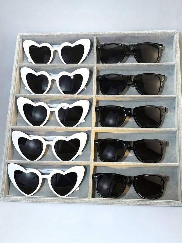 Lot de 10 paires de lunettes à la mode en forme de cœur, accessoire unisexe élégant, idéal pour les fêtes, les mariages, les photos de Noël et du Nouvel An. Monture blanche, verres noirs. Lunettes de mode, lunettes décoratives pour mariage, cadeau de mariage, accessoires pour demoiselles et garçons d'honneur.