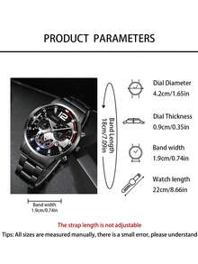 3件套酷炫男士黑色手表套装，包括1块黑色表盘石英表（配黑色不锈钢表带）、1条黑色链式手链和1个黑色菱形纹理皮革钱包。 - 黑色 - 查看 7