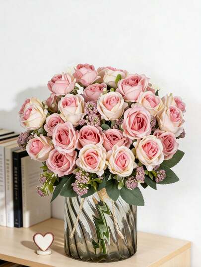 1 pieza Ramo de rosas de seda artificial, adecuado para decoraciones de primavera y otoño, ramos de novia para el Día de San Valentín, jarrones de boda y uso doméstico en salas de estar, dormitorios, restaurantes, baños, cocinas, Día de la Madre, suministros para fiestas de cumpleaños y decoraciones de jardín al aire libre.