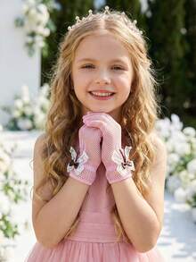 1 par de luvas infantis elásticas com estampa quadriculada e laço decorativo, tamanhos de 4 a 12 anos, rosa. - 1Pair - Ver 3