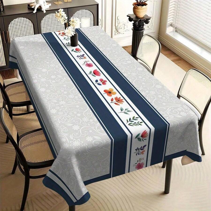 1pc Elegant Dark Blue Floral Jacquard Tablecloth With Intricate Blue Stripes & Blooms - Machine- Rectangular Polyester Fabric Suitable For Dining Tables, Parties, Valentine'' & Christmas Decor - Luxury Table Cover - 白色 - 查看 1