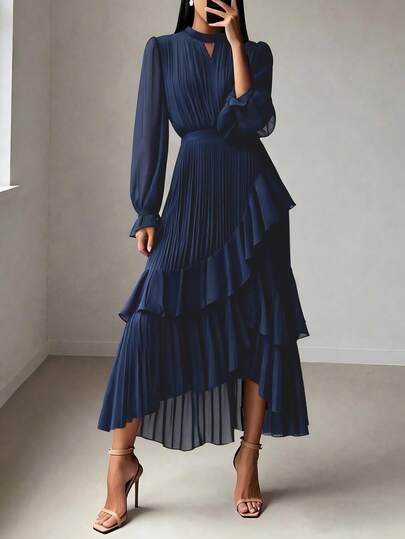 Elegante vestido de noche formal de varios niveles con volantes asimétricos de unicolor