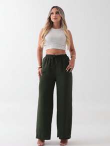 Women's Wide-Leg Pants In Duna Fabric With Elastic Waistband, Loose Fit, With Pockets, Summer, Spring, Casual, Simple, Vacation Style - 軍綠色 - 查看 1