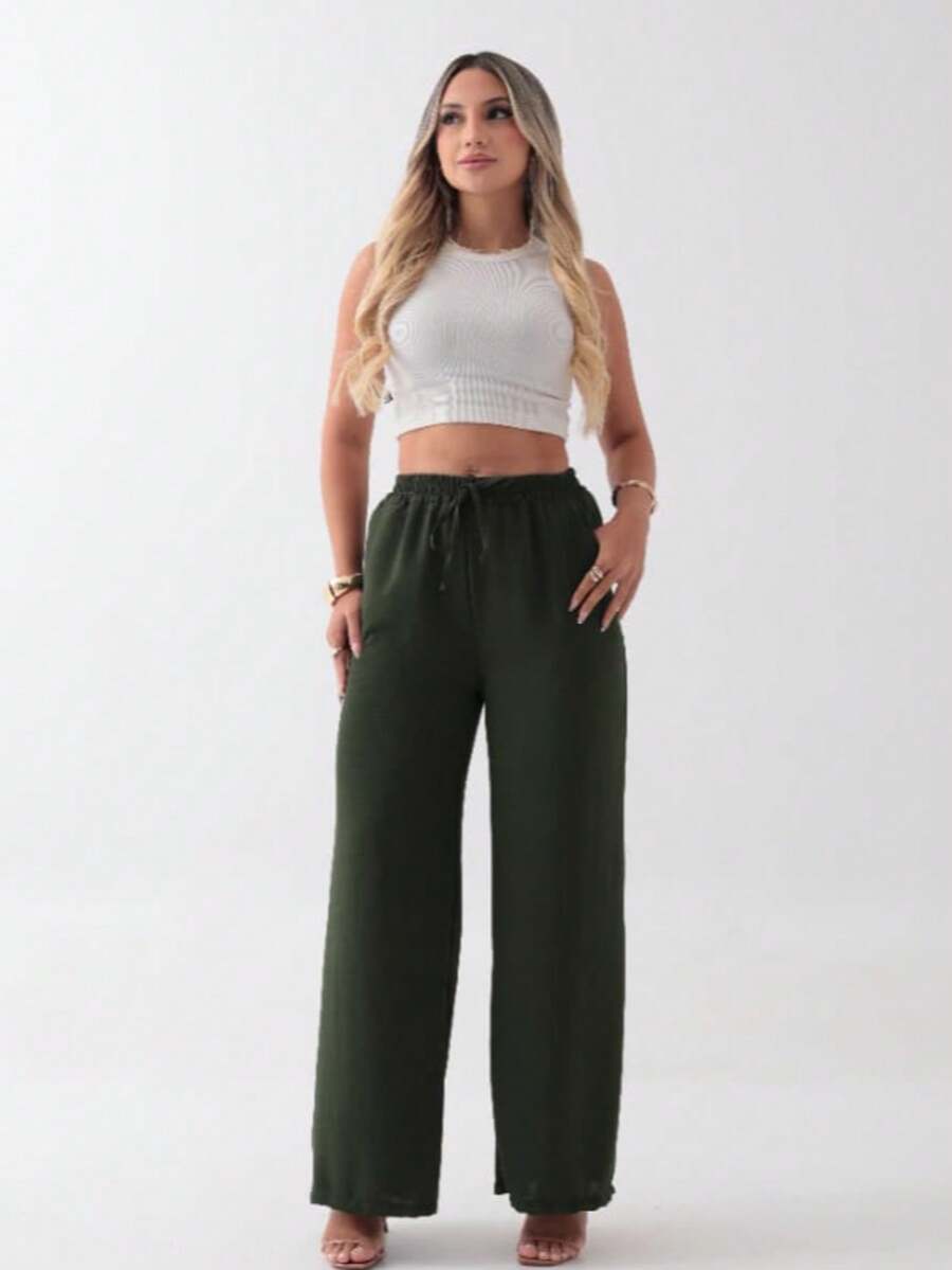Women's Wide-Leg Pants In Duna Fabric With Elastic Waistband, Loose Fit, With Pockets, Summer, Spring, Casual, Simple, Vacation Style - xanh quân đội - Xem 1