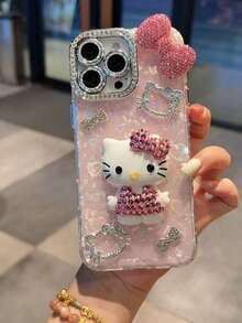 Sanrio 1pc Rhinestone 3D KT Cat Shell Pattern Phone Case Compatible With Apple 11/12/13/14/15/16/17/Pro Max - Pink - View 1