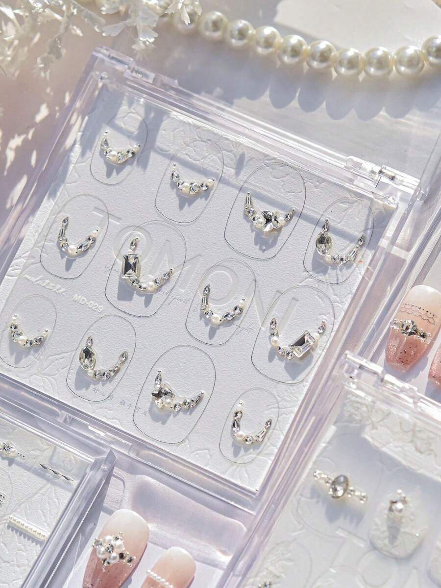 1件白色法式蕾丝高品质钻石组合美甲贴纸装饰配件 - 彩色 - 查看 1
