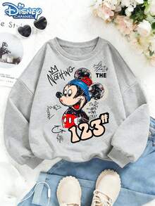 Disney Mickey Mouse Print In A Graffiti Style, Soft And Warm Hooded Sweatshirt For Girls, Suitable For Everyday Casual Wear, Family Outings, And Various Occasions. - Xám - Xem 1