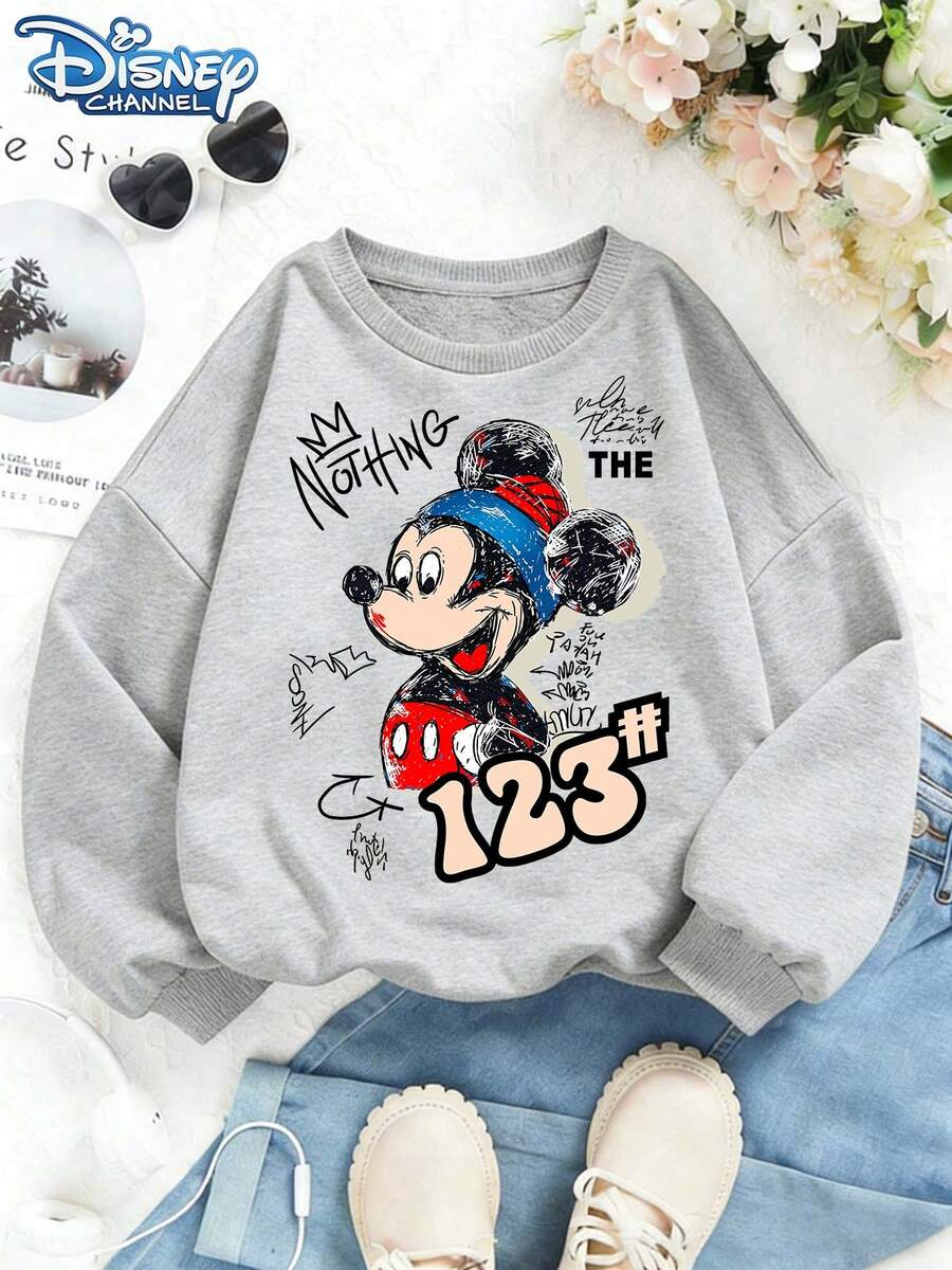 Disney Mickey Mouse Print In A Graffiti Style, Soft And Warm Hooded Sweatshirt For Girls, Suitable For Everyday Casual Wear, Family Outings, And Various Occasions. - Xám - Xem 1