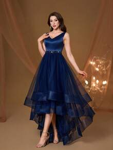 Mgiacy New V-Neck Elegant Plus Size Puff Dress Pearl Decor Mesh Long Dress, Summer Wedding Party - Blue - View 5