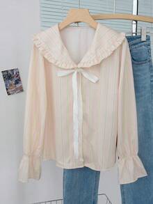 女士彼得潘领条纹衬衫，荷叶边系领甜美可爱宽松轻薄上衣，春夏款 - 粉色 - 查看 7