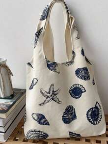 1pc Large-Capacity And Cute Canvas Bag, Simple Shoulder And Hand-Held Printed Canvas Bag, Featuring Seashell And Starfish Patterns. It Can Be Used As A Cosmetic Bag, A Multi-Functional Storage Bag, A Cute Large-Capacity Student School Bag - Multicolor - View 6